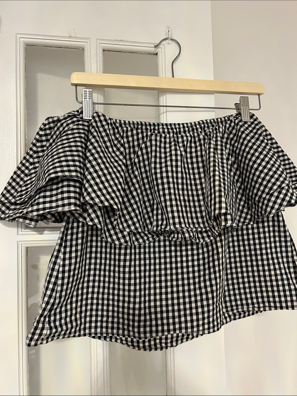Forever 21 Black & White Gingham Off-Shoulder Ruffle Top